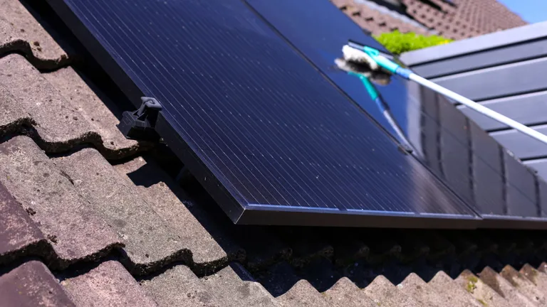 Zonnepanelen schoonmaken Close-up van zonnepaneel op een schuin dak. In de achtergrond wordt het paneel schoongemaakt.