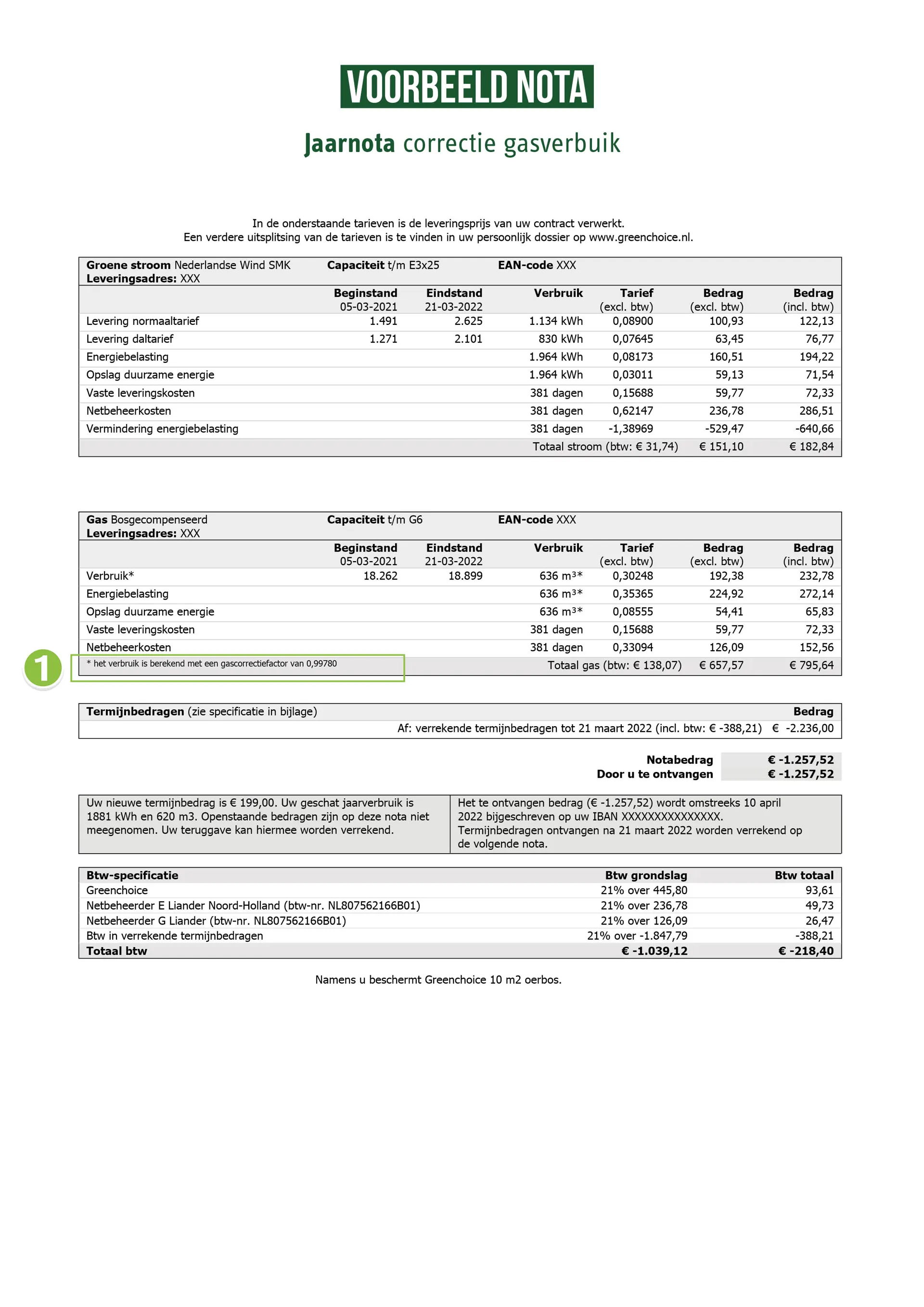 Voorbeeld van een jaarnota voor stroom en gas. Omlijnd staat de gascorrectiefactor, onderaan het vak over gaskosten.