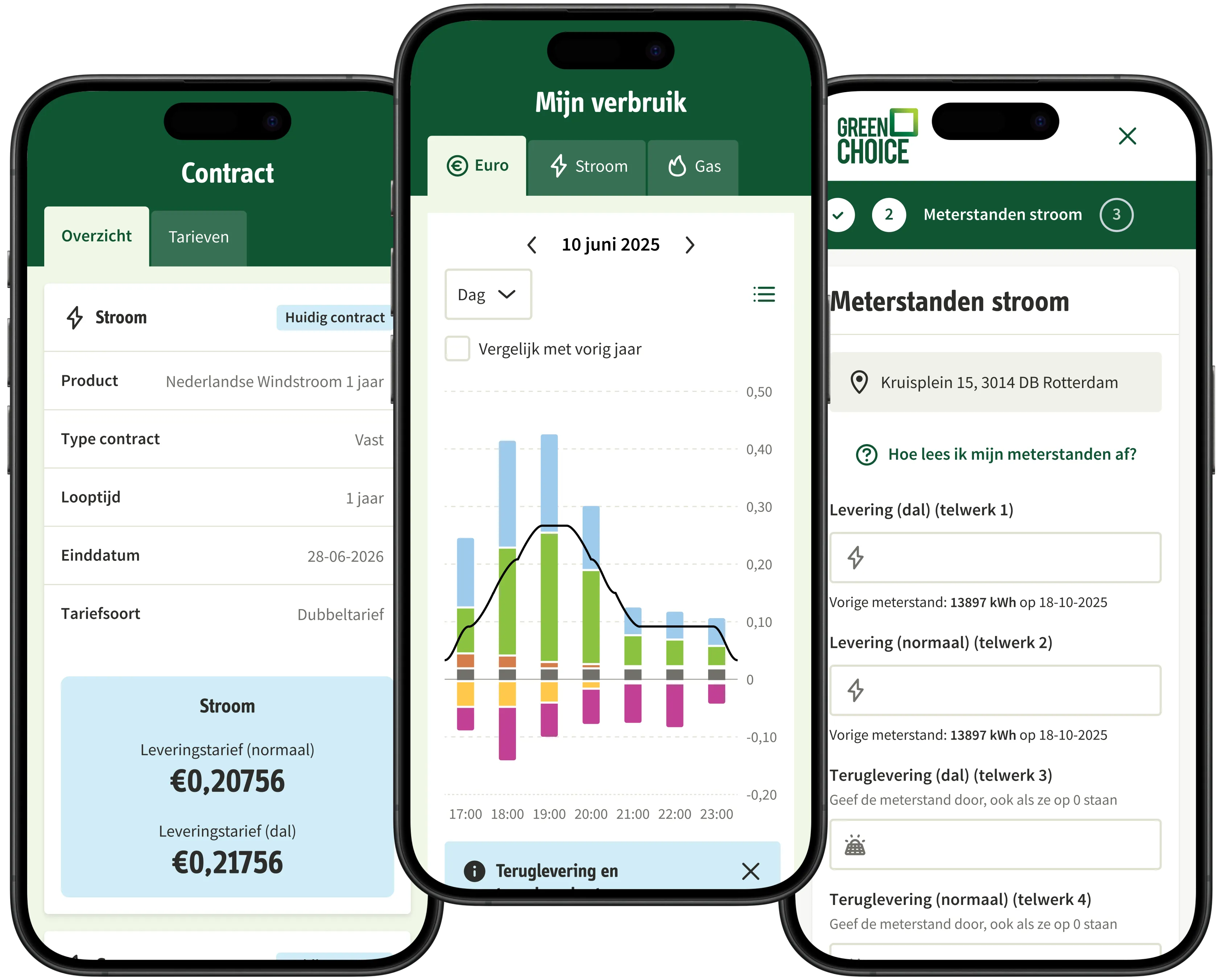Weergave van de schermen van de Mijn Greenchoice app