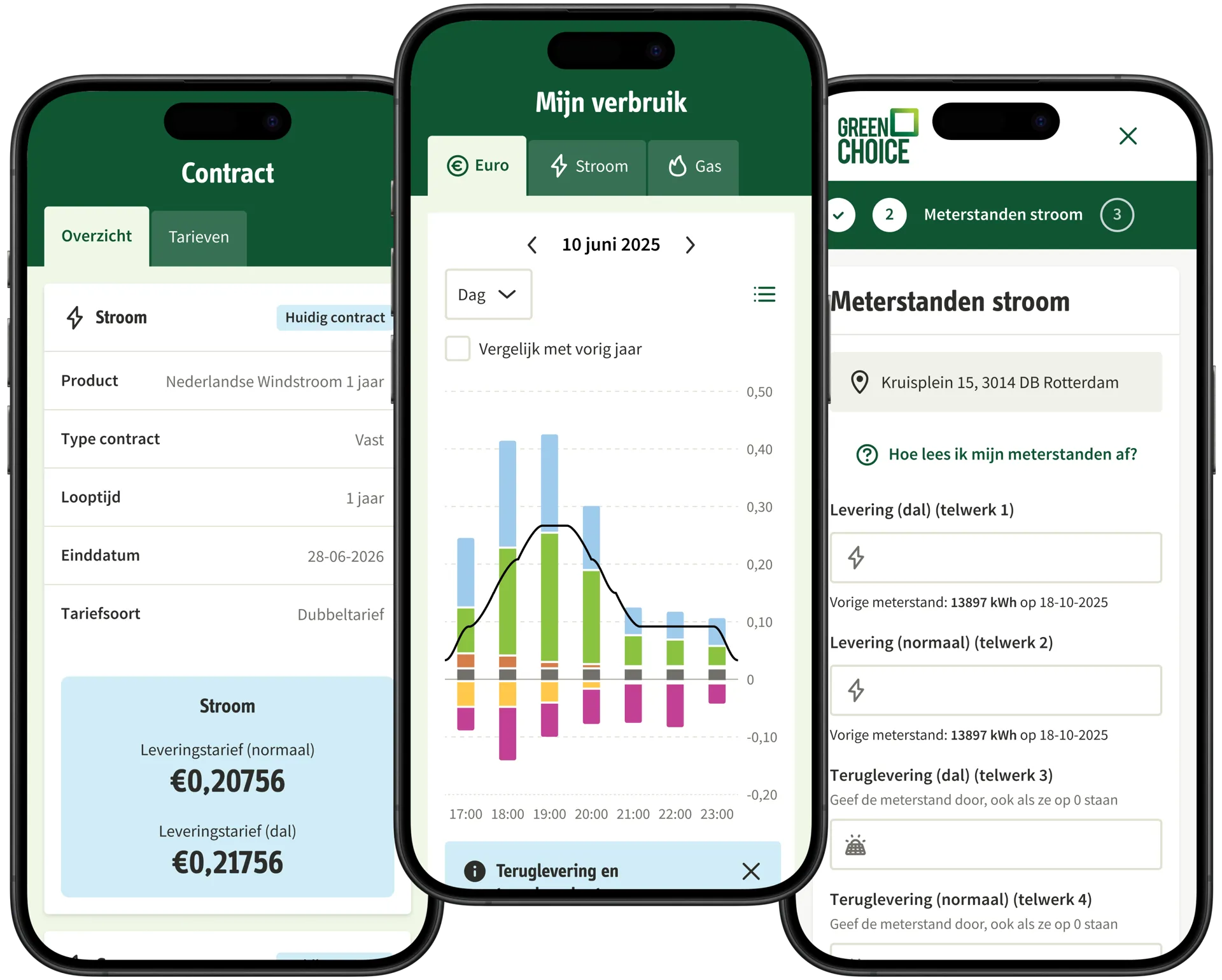 Weergave van de schermen van de Mijn Greenchoice app