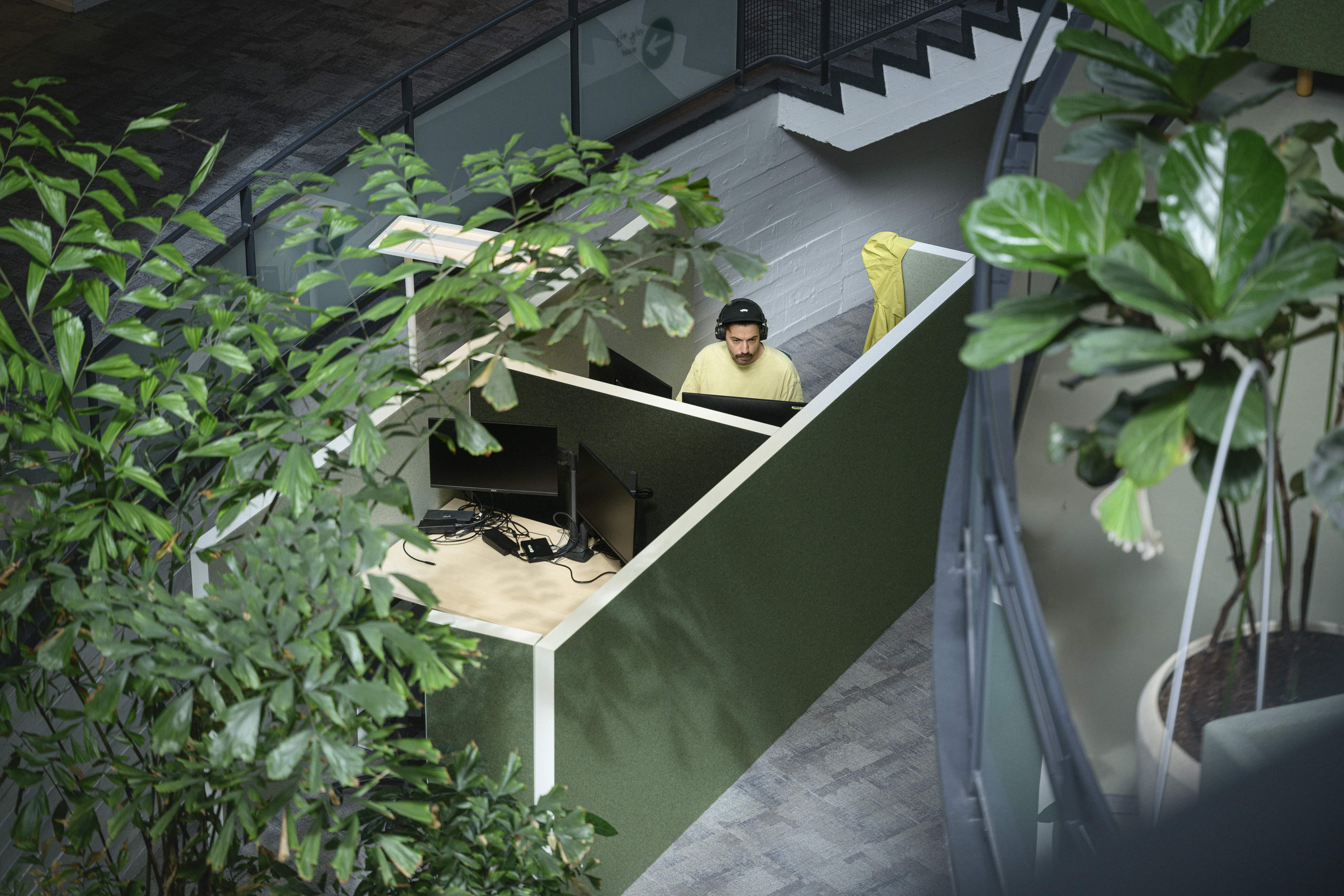 Man zit gefocust te werken op een concentratieplek. Hij zit in een kantoorsetting en is omringt door kamerplanten. 