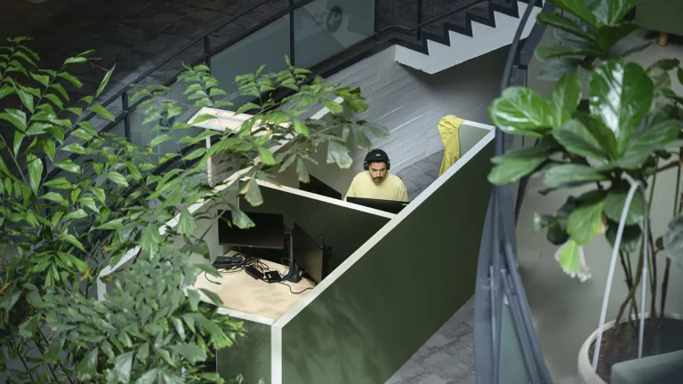 Man zit gefocust te werken op een concentratieplek. Hij zit in een kantoorsetting en is omringt door kamerplanten.