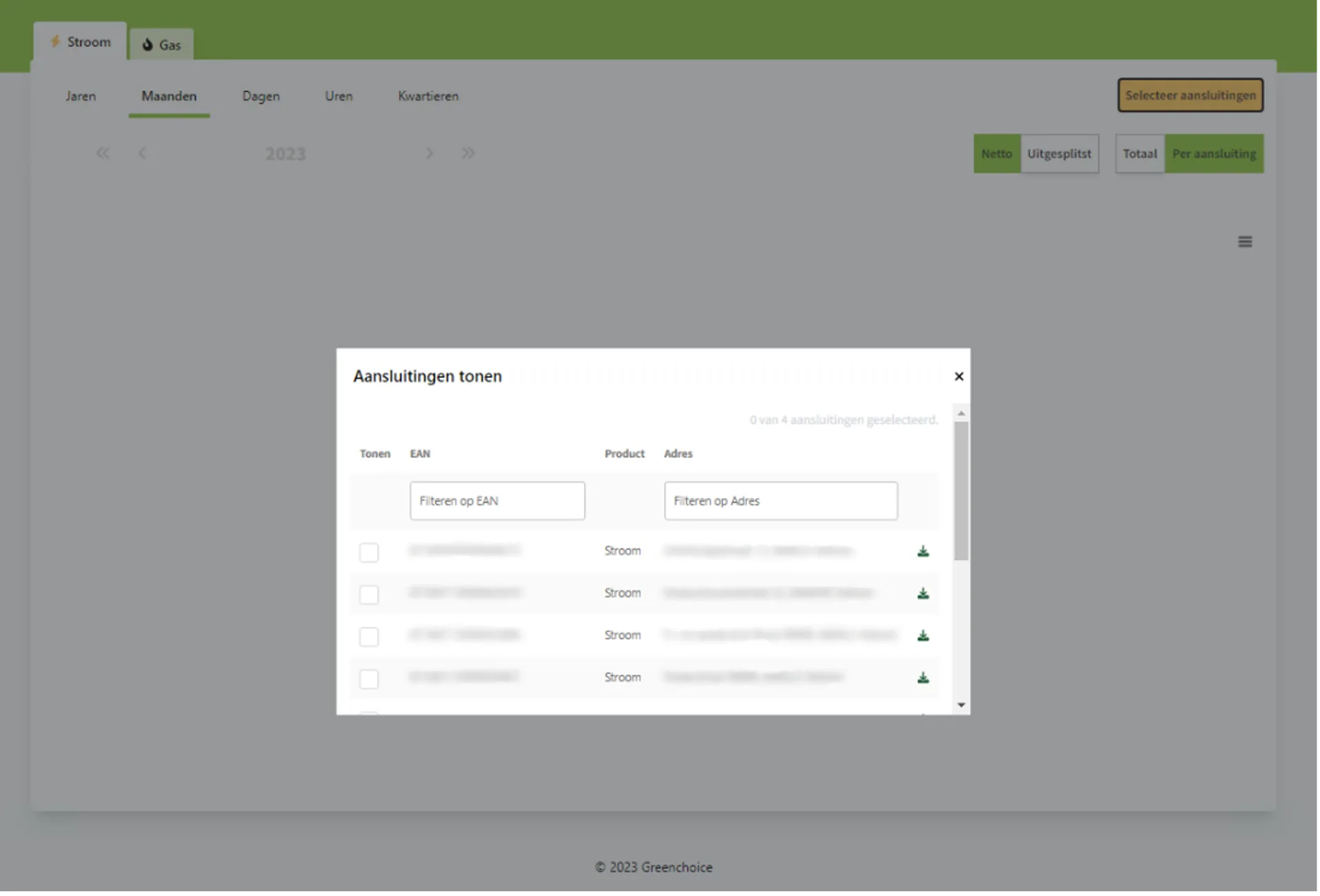 Filteren op aansluiting Screenshot van het veld waarin je kan filteren op aansluiting in Mijn Greenchoice Zakelijk