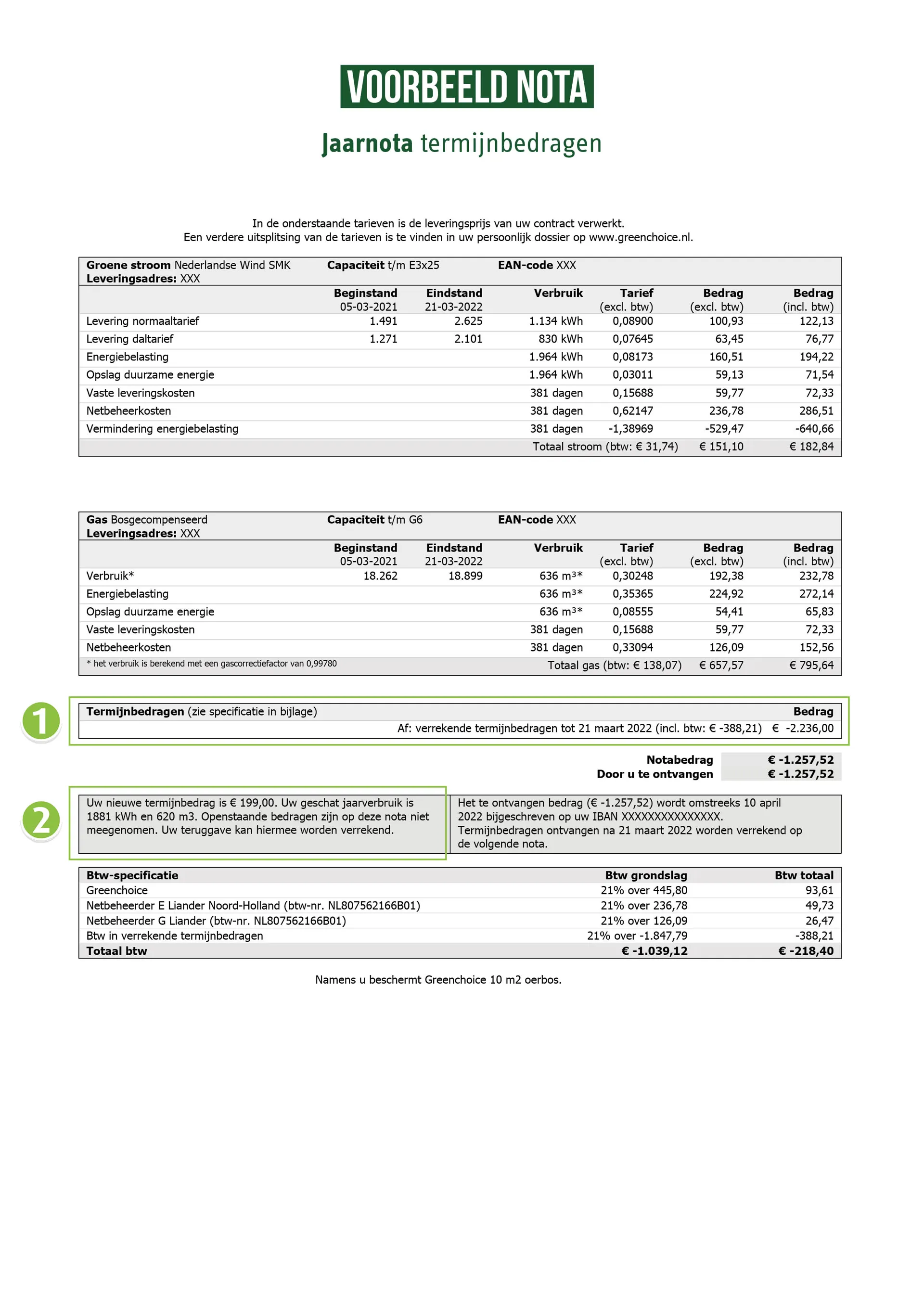 Voorbeeld van een jaarnota voor stroom en gas. Omlijnd staan 2 onderwerpen. 1 is het opgetelde bedrag van alle maandelijkse termijnbedragen. 2 is je nieuwe termijnbedrag.