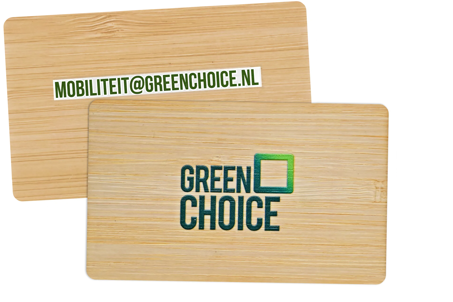 De Greenchoice laadpas, met het e-mailadres mobiliteit@greenchoice.nl op de achterkant