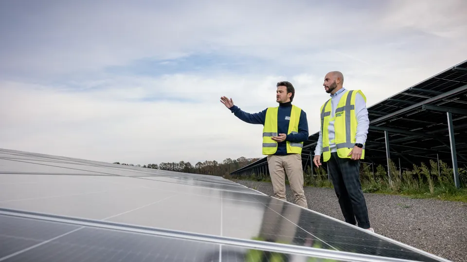 Greenchoice Integrated Twee collega’s staan buiten op een veld vol zonnepanelen. Ze zijn met elkaar in gesprek en één van hen wijst naar iets in de verte.
